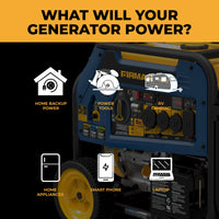 The FIRMAN Power Equipment Tri Fuel 8000W Portable Generator Electric Start 120/240V with CO ALERT features icons showing its versatility for home backup, power tools, RV camping, appliances, smartphones, and laptops.
