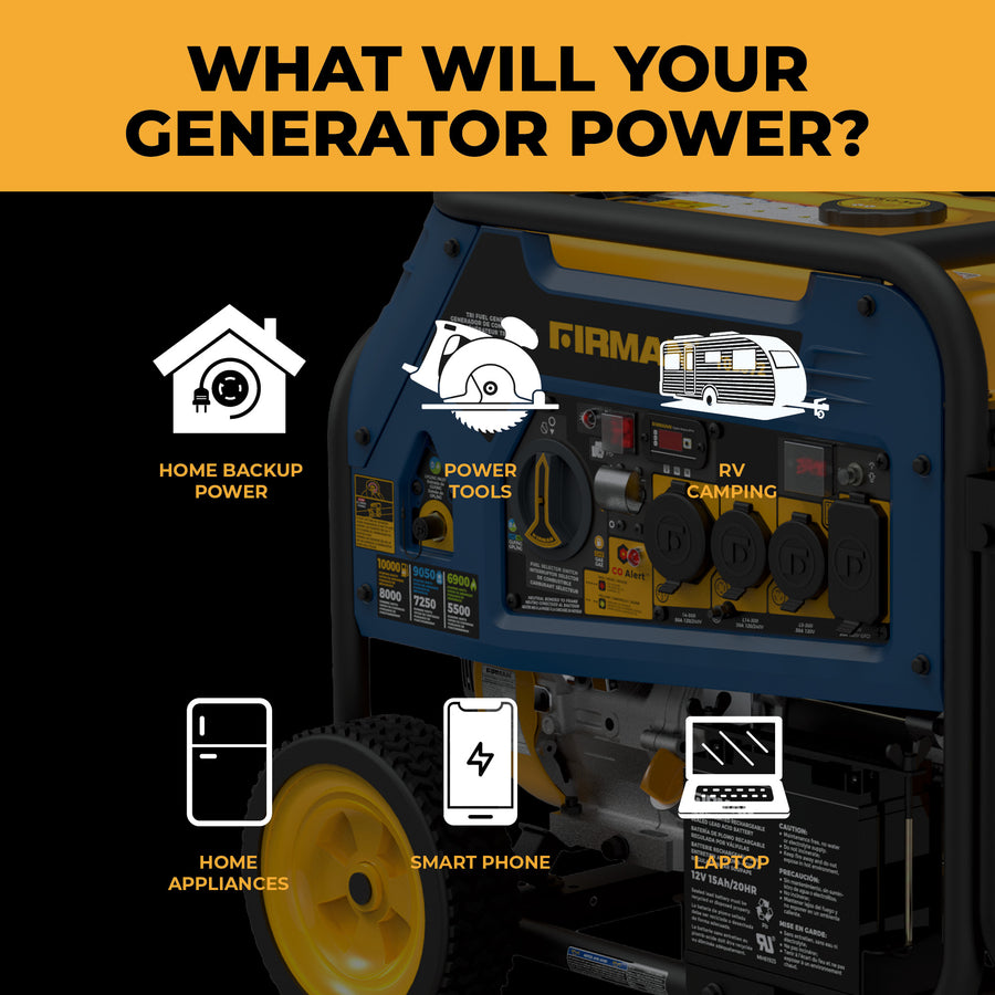 The FIRMAN Power Equipment Tri Fuel 8000W Portable Generator Electric Start 120/240V with CO ALERT features icons showing its versatility for home backup, power tools, RV camping, appliances, smartphones, and laptops.