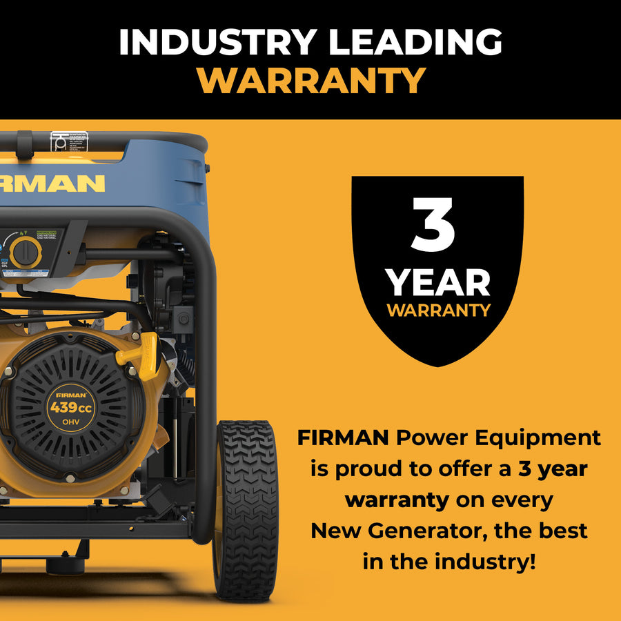 Close-up of a FIRMAN Power Equipment Tri Fuel 8000W Portable Generator Electric Start 120/240V with CO ALERT beside a shield icon and text: “3 Year Warranty” available on all new FIRMAN generators up to 10000 starting watts.