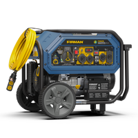 The FIRMAN Power Equipment Tri Fuel Portable Generator 10000/8000W Electric Start with CO Alert features a sleek blue and black design, large wheels, and a yellow cord. Its user-friendly control panel with accessible switches and outlets makes it an ideal hybrid generator for any situation.