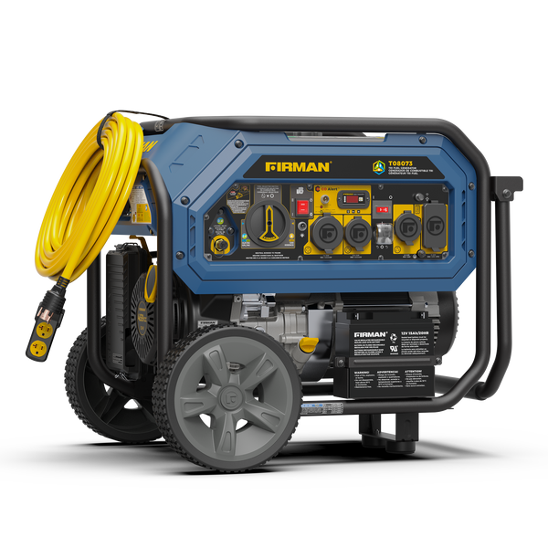 The FIRMAN Power Equipment Tri Fuel Portable Generator 10000/8000W Electric Start with CO Alert features a sleek blue and black design, large wheels, and a yellow cord. Its user-friendly control panel with accessible switches and outlets makes it an ideal hybrid generator for any situation.