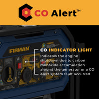 The FIRMAN Power Equipment Tri Fuel Portable Generator 10000/8000W with Electric Start and CO Alert features a control panel displaying engine shutdown labels for carbon monoxide or system faults, ensuring reliable performance and safety for versatile energy needs.