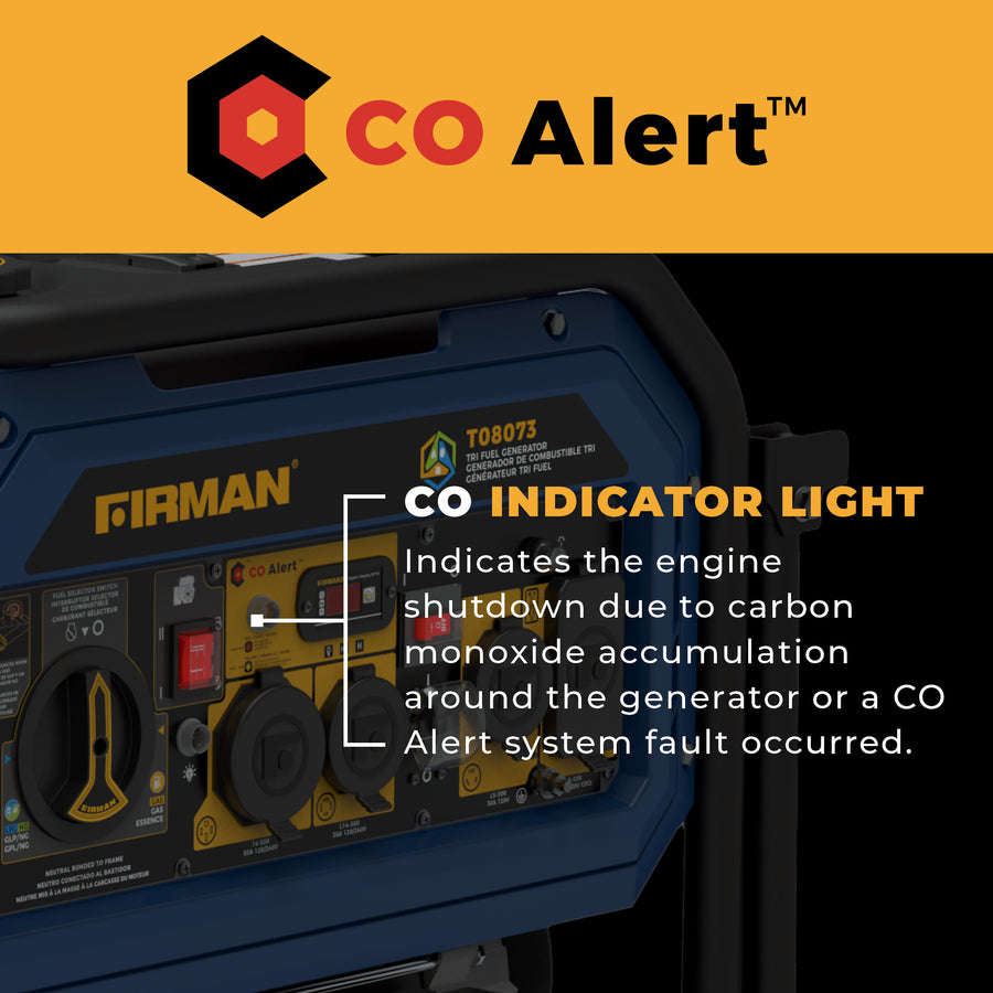 The FIRMAN Power Equipment Tri Fuel Portable Generator 10000/8000W with Electric Start and CO Alert features a control panel displaying engine shutdown labels for carbon monoxide or system faults, ensuring reliable performance and safety for versatile energy needs.