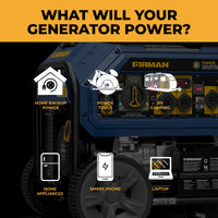 Check out the graphic highlighting FIRMAN's Tri Fuel Portable Generator (10000/8000W), an all-in-one solution for home backup, RV camping, power tools, appliances, smartphones, and laptops.
