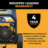 Image of the Tri Fuel Portable Generator 10000/8000W with CO Alert by FIRMAN Power Equipment, featuring an industry-leading 4-year warranty. This reliable and efficient hybrid generator is designed to meet your energy needs.