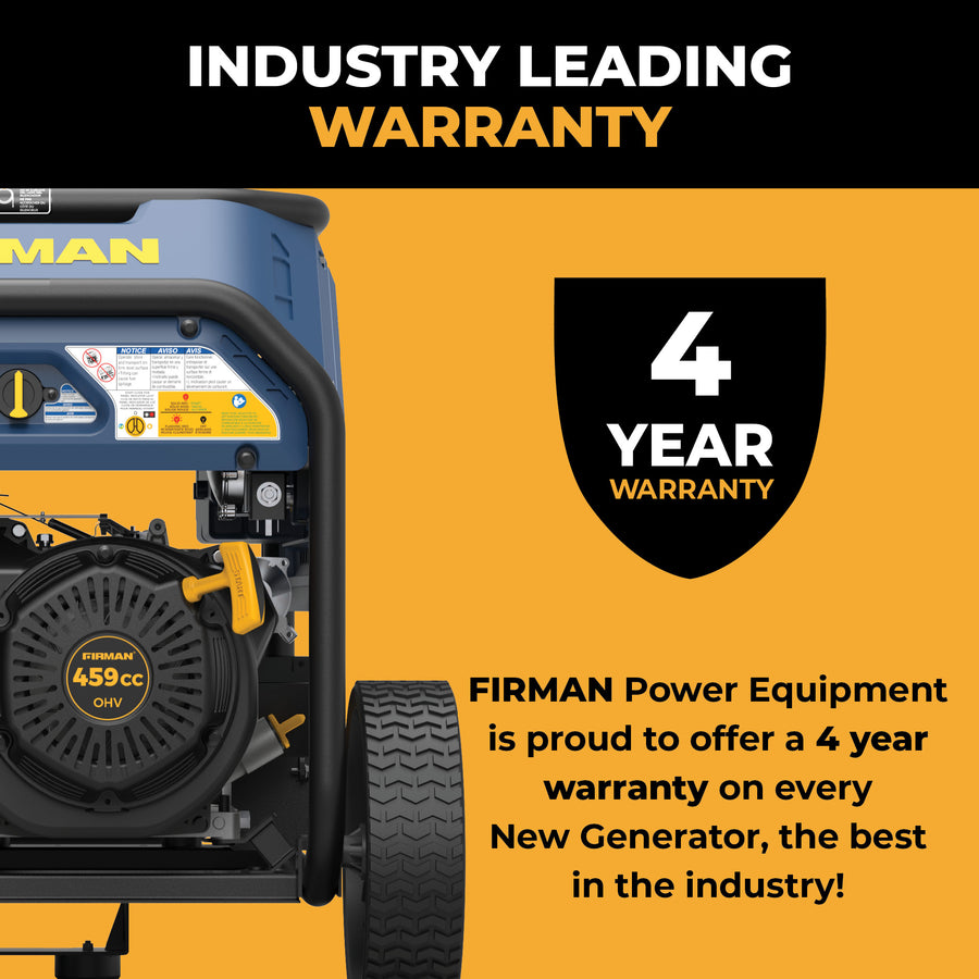 Image of the Tri Fuel Portable Generator 10000/8000W with CO Alert by FIRMAN Power Equipment, featuring an industry-leading 4-year warranty. This reliable and efficient hybrid generator is designed to meet your energy needs.