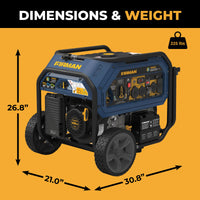 The FIRMAN Tri Fuel Portable Generator offers 10000/8000W with an electric start and CO Alert. Measuring 26.8" x 21.0" x 30.8" and weighing 225 lbs, it features multiple outlets and two wheels for easy mobility, delivering dependable energy wherever needed.