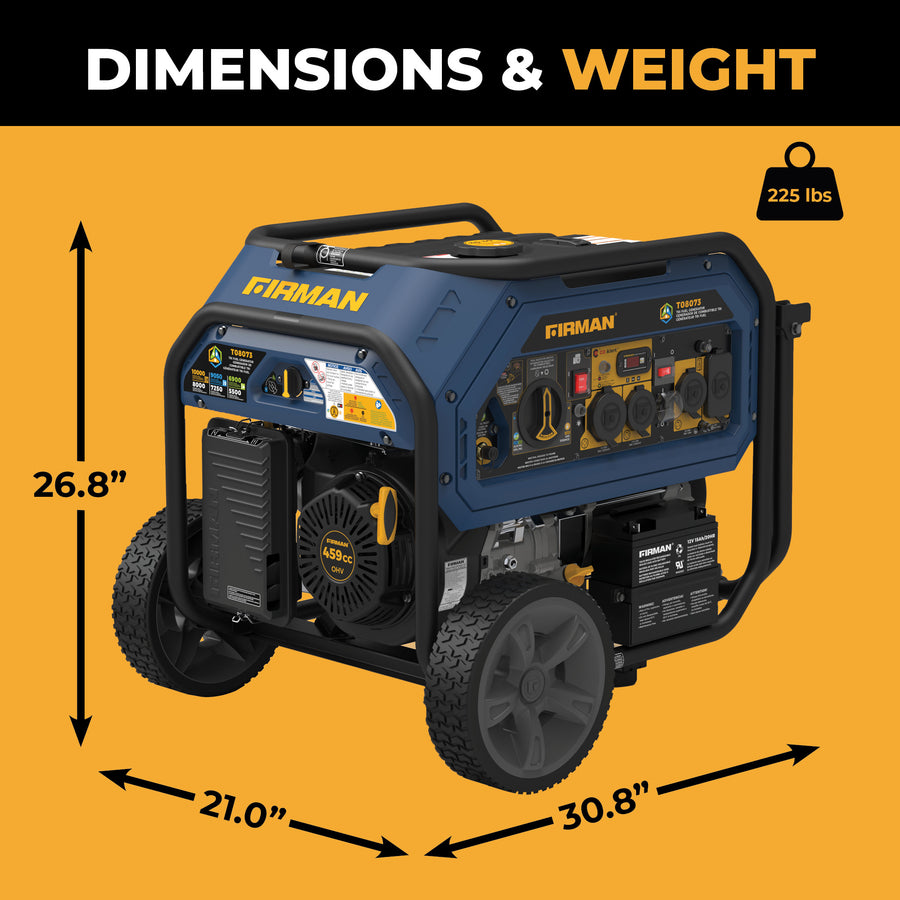 The FIRMAN Tri Fuel Portable Generator offers 10000/8000W with an electric start and CO Alert. Measuring 26.8" x 21.0" x 30.8" and weighing 225 lbs, it features multiple outlets and two wheels for easy mobility, delivering dependable energy wherever needed.