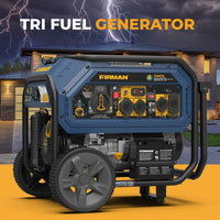 FIRMAN Power Equipment's Tri Fuel Portable Generator 10000/8000W Electric Start with CO Alert stands resilient at a modern house, framed by dramatic lightning in the background.