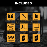 The FIRMAN Power Equipment Tri Fuel Portable Generator 10000/8000W Electric Start With CO Alert includes icons labeling battery, oil funnel, engine oil, LPG regulator hose, toolkit, padded handle, flat wheels, operator's manual.