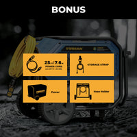 Image of the FIRMAN Power Equipment Tri Fuel Portable Generator 10000/8000W Electric Start With CO Alert, including bonus 25 ft power cord, storage strap, cover, and hose holder, showcased in yellow boxes against a darkened background.