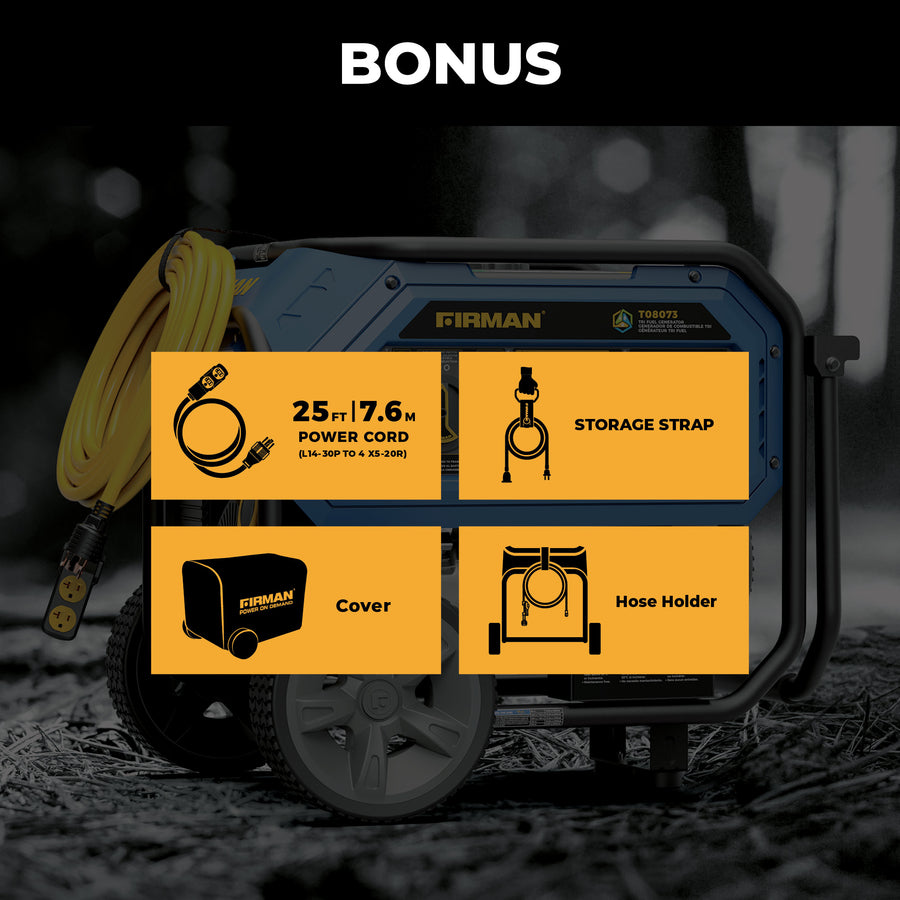 Image of the FIRMAN Power Equipment Tri Fuel Portable Generator 10000/8000W Electric Start With CO Alert, including bonus 25 ft power cord, storage strap, cover, and hose holder, showcased in yellow boxes against a darkened background.