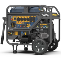 A portable tri-fuel FIRMAN Power Equipment power generator on wheels, featuring multiple outlets and control panels, displayed in a studio setting.