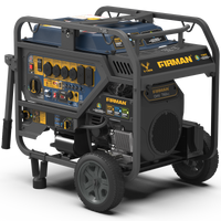 A FIRMAN Power Equipment Tri Fuel Portable Generator 15000W Electric Start 120/240V with CO Alert, featuring durable wheels and multiple outlets, and a yellow and black color scheme.