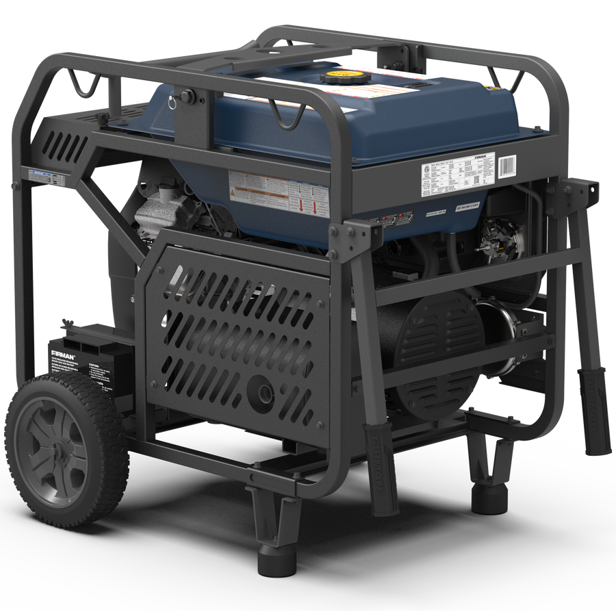 Portable gasoline generator on wheels with a metal frame, featuring a control panel, large muffler, sturdy handles, and CO Alert feature is the FIRMAN Power Equipment TRI FUEL PORTABLE GENERATOR 15000W ELECTRIC START 120/240V WITH CO ALERT.