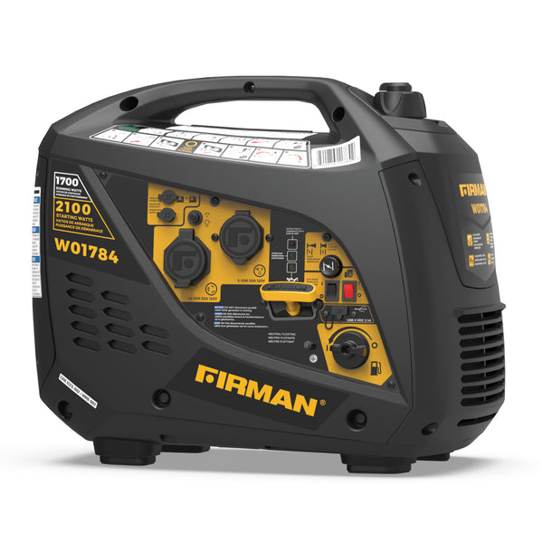 The FIRMAN Power Equipment Inverter Portable Generator 2100W Recoil Start offers a compact black and yellow design with labeled controls, outlets, and specs—an ideal RV-ready solution for portable power on the go.