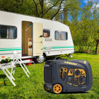 The FIRMAN Power Equipment Inverter Portable Generator 3200W Recoil Start sits quietly on grass near a white travel trailer with its door open and outdoor chairs, surrounded by a lush, wooded landscape.