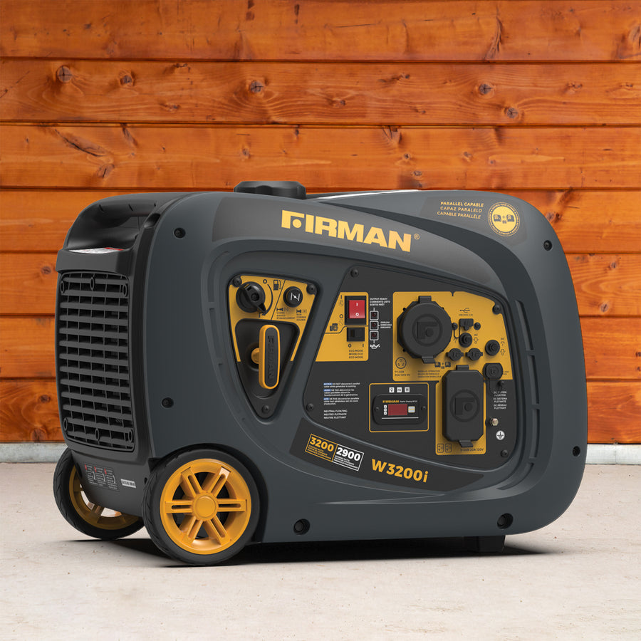 The FIRMAN Power Equipment Inverter Portable Generator 3200W Recoil Start, with yellow accents and a control panel, is shown on a concrete floor in front of a wooden wall.