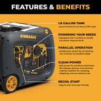 The FIRMAN Power Equipment Inverter Portable Generator 3200W Recoil Start features a 1.8-gallon tank, clean power output, parallel operation, and RV readiness—ideal for off-grid energy needs.
