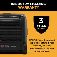 A FIRMAN Power Equipment Inverter Portable Generator 3200W Recoil Start sits beside a shield icon marked "3 Year Warranty," highlighting an industry-leading 3-year warranty on new FIRMAN generators.
