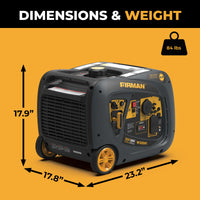 The FIRMAN Power Equipment Inverter Portable Generator 3200W Recoil Start measures 17.9" H x 17.8" D x 23.2" W, weighs 84 lbs, and is shown on a yellow background.