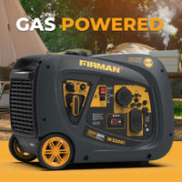 The FIRMAN Power Equipment Inverter Portable Generator 3200W Recoil Start is shown outdoors by a tent and camper, featuring a visible control panel and wheels—perfect as a quiet, RV-ready generator for camping trips.