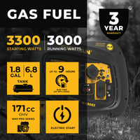 Advertisement for the FIRMAN Power Equipment Inverter Portable Generator 3300W Electric Start, highlighting features: 3300 starting watts, 3000 running watts, 1.8l tank, up to 9 hours run