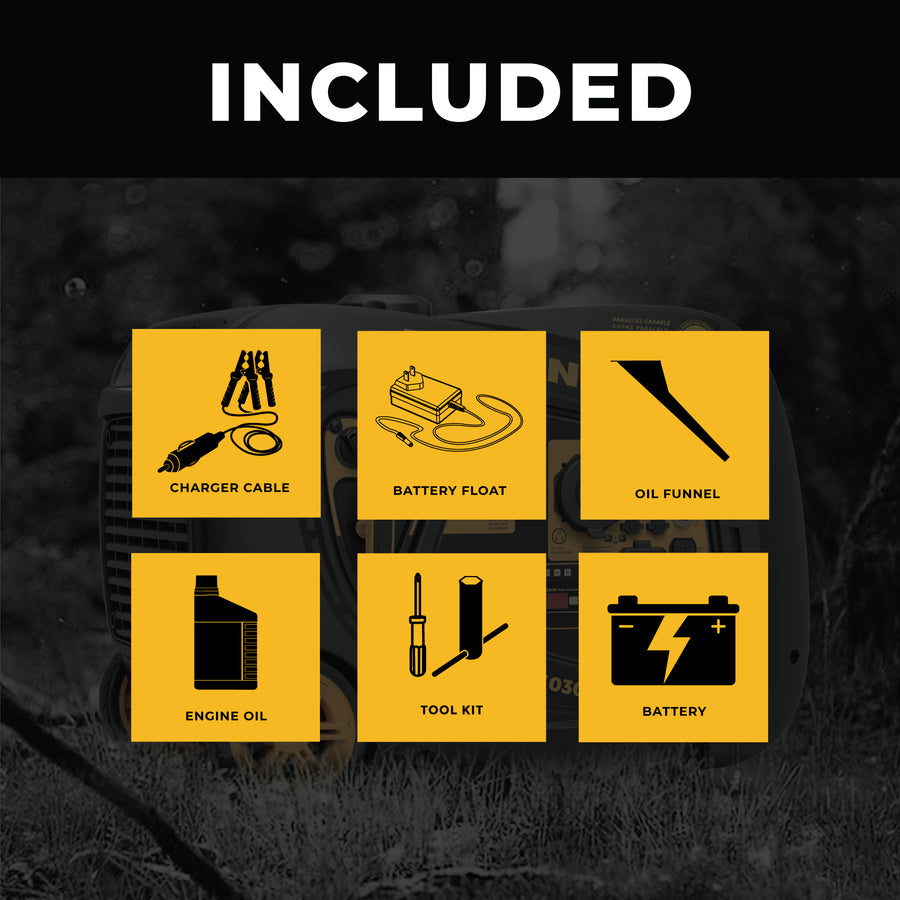 Image displaying a collection of car accessories labeled "included", with icons for a charger cable, battery float, oil funnel, engine oil, tool kit, and battery on yellow backgrounds. Also features an FIRMAN Power Equipment Inverter Portable Generator 3300W Electric Start.
