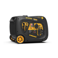 The FIRMAN Power Equipment INVERTER PORTABLE GENERATOR 3650W WITH CO ALERT, featuring a yellow and black design with control panel, outlets, and wheels, is displayed against a white background.