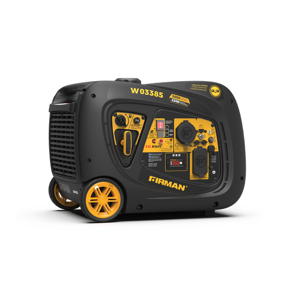 The FIRMAN Power Equipment INVERTER PORTABLE GENERATOR 3650W WITH CO ALERT, featuring a yellow and black design with control panel, outlets, and wheels, is displayed against a white background.