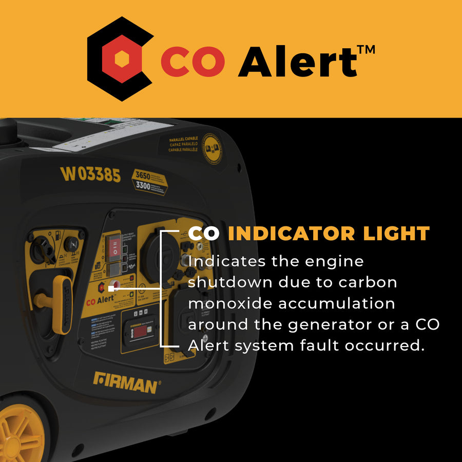 Experience peace of mind with the FIRMAN Power Equipment INVERTER PORTABLE GENERATOR 3650W WITH CO ALERT. The CO indicator light signals engine shutdown for carbon monoxide build-up or system faults, while its fuel-efficient design ensures clean, reliable power.