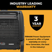 The FIRMAN Power Equipment INVERTER PORTABLE GENERATOR 3650W WITH CO ALERT boasts a best-in-industry, 3-year warranty on every new, fuel-efficient unit.