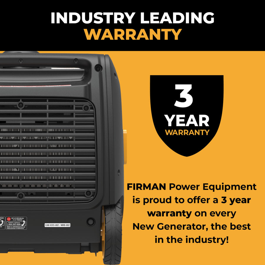 The FIRMAN Power Equipment INVERTER PORTABLE GENERATOR 3650W WITH CO ALERT boasts a best-in-industry, 3-year warranty on every new, fuel-efficient unit.
