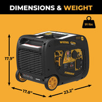 The FIRMAN Power Equipment Inverter Portable Generator 3650W with CO Alert is a compact, fuel-efficient generator featuring a stylish black and yellow design. It measures 17.9" H x 23.2" W x 17.8" D, weighs 91 lbs, and is ideal for mobile power needs.