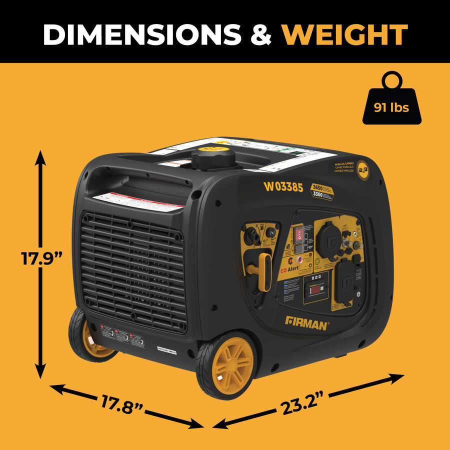 The FIRMAN Power Equipment Inverter Portable Generator 3650W with CO Alert is a compact, fuel-efficient generator featuring a stylish black and yellow design. It measures 17.9" H x 23.2" W x 17.8" D, weighs 91 lbs, and is ideal for mobile power needs.