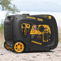 A FIRMAN Power Equipment INVERTER PORTABLE GENERATOR 3650W WITH CO ALERT, labeled W03385, rests on rocky terrain. Its black and yellow design is striking, offering easy side controls and outlets, combining fuel efficiency with user-friendliness for any adventure.