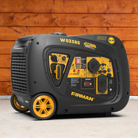 The FIRMAN Power Equipment INVERTER PORTABLE GENERATOR 3650W WITH CO ALERT, known for its fuel efficiency, sits on a concrete surface against a wooden wall. It features distinctive yellow wheels and an intuitive control panel.