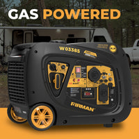 FIRMAN Power Equipment's INVERTER PORTABLE GENERATOR 3650W WITH CO ALERT, featuring yellow accents, is shown against a camping trailer and wooded backdrop. The words "GAS POWERED" highlight its suitability for recreational activities.