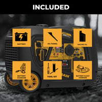 A digital illustration features the FIRMAN Power Equipment INVERTER PORTABLE GENERATOR 3650W WITH CO ALERT, highlighting labeled icons: battery, oil funnel, engine oil, battery charger, tool kit, and battery float charger. Text reading "INCLUDED" emphasizes its role as a reliable power station.