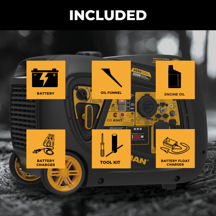 A digital illustration features the FIRMAN Power Equipment INVERTER PORTABLE GENERATOR 3650W WITH CO ALERT, highlighting labeled icons: battery, oil funnel, engine oil, battery charger, tool kit, and battery float charger. Text reading "INCLUDED" emphasizes its role as a reliable power station.