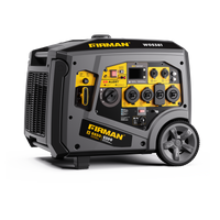 A portable **Gas Inverter Portable Generator 6650/5300 Watt 120/240V CO Alert** outdoor generator with pure sine wave energy, multiple outlets and controls, featuring a black and yellow design and two large wheels for mobility from **FIRMAN Power Equipment**. Model number: W03581.