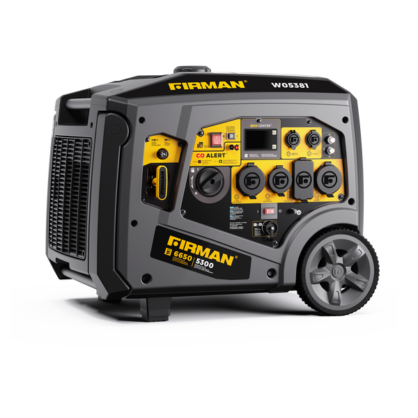 A portable **Gas Inverter Portable Generator 6650/5300 Watt 120/240V CO Alert** outdoor generator with pure sine wave energy, multiple outlets and controls, featuring a black and yellow design and two large wheels for mobility from **FIRMAN Power Equipment**. Model number: W03581.
