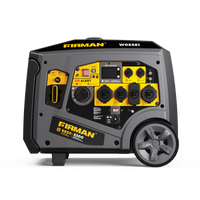 The FIRMAN Power Equipment Gas Inverter Portable Generator 6650/5300 Watt 120/240V CO Alert features multiple outlets and controls on its yellow and black interface, delivering pure sine wave energy. With large wheels for mobility, it's designed for convenience and reliability.