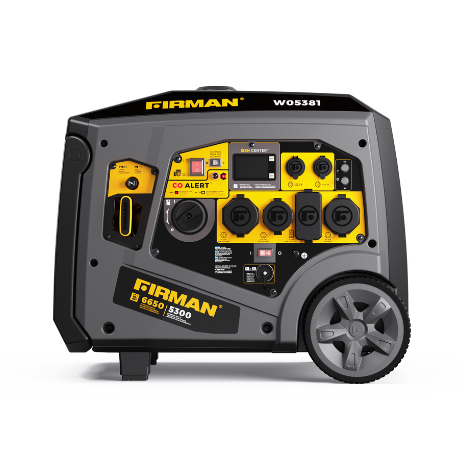 The FIRMAN Power Equipment Gas Inverter Portable Generator 6650/5300 Watt 120/240V CO Alert features multiple outlets and controls on its yellow and black interface, delivering pure sine wave energy. With large wheels for mobility, it's designed for convenience and reliability.
