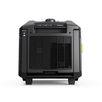 A black portable generator viewed from the side, featuring a vented panel with labels and controls on top, and a yellow handle on the right side. The robust and compact FIRMAN Power Equipment Gas Inverter Portable Generator 6650/5300 Watt 120/240V CO Alert delivers pure sine wave energy for reliable power wherever you go.