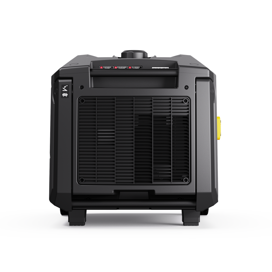 A black portable generator viewed from the side, featuring a vented panel with labels and controls on top, and a yellow handle on the right side. The robust and compact FIRMAN Power Equipment Gas Inverter Portable Generator 6650/5300 Watt 120/240V CO Alert delivers pure sine wave energy for reliable power wherever you go.