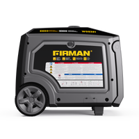 A FIRMAN Power Equipment Gas Inverter Portable Generator 6650/5300 Watt 120/240V CO Alert with a clear display of specifications and safety instructions on the side, featuring a wheel for easy transportation. The FIRMAN Power Equipment Gas Inverter Portable Generator 6650/5300 Watt 120/240V CO Alert provides pure sine wave energy, ensuring safe and stable power for all your needs.