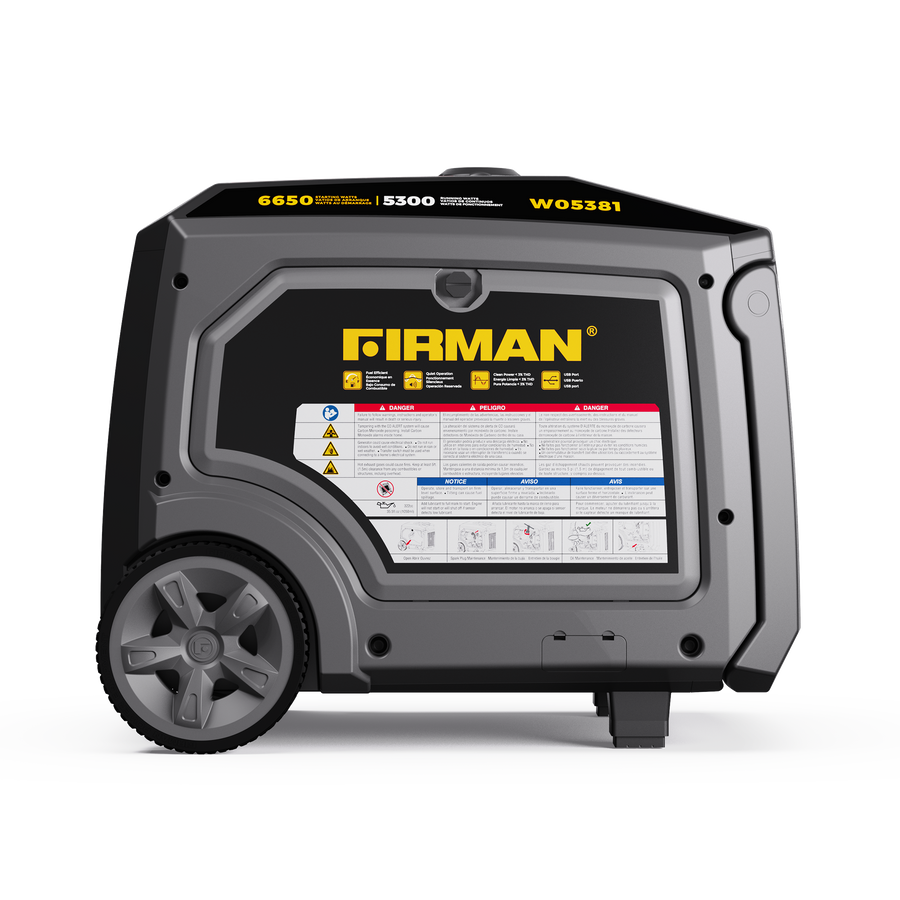 A FIRMAN Power Equipment Gas Inverter Portable Generator 6650/5300 Watt 120/240V CO Alert with a clear display of specifications and safety instructions on the side, featuring a wheel for easy transportation. The FIRMAN Power Equipment Gas Inverter Portable Generator 6650/5300 Watt 120/240V CO Alert provides pure sine wave energy, ensuring safe and stable power for all your needs.