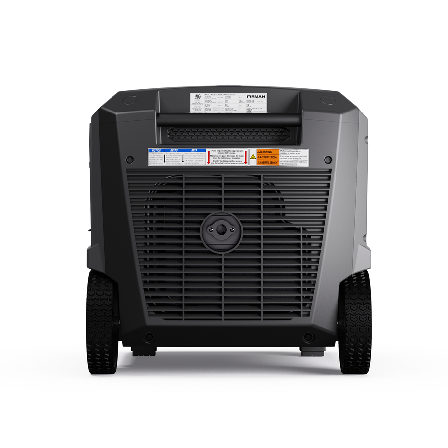 Rear view of the FIRMAN Power Equipment Gas Inverter Portable Generator 6650/5300 Watt 120/240V CO Alert featuring a cooling fan, labeled control panel, and mounted on two wheels for easy transport. This versatile unit produces pure sine wave energy, ensuring your sensitive electronics are safely powered.
