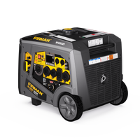 A portable gray and black generator with yellow accents, featuring pure sine wave energy for clean power. The FIRMAN Power Equipment Gas Inverter Portable Generator 6650/5300 Watt 120/240V CO Alert includes multiple outlets, a control panel, and wheels for mobility, making it an excellent outdoor generator.